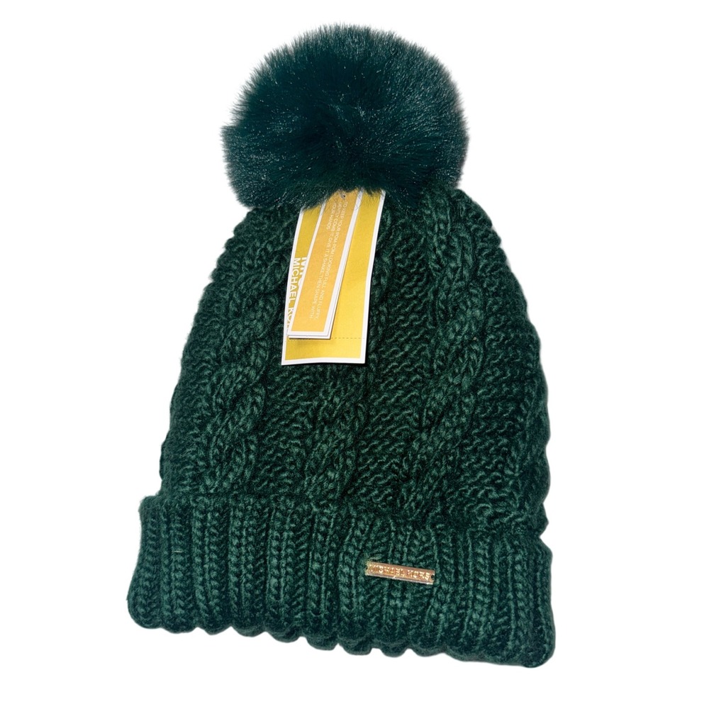 Michael Kors Cable Knit Beanie Hunter Green One Size Faux Fur Pom Pom